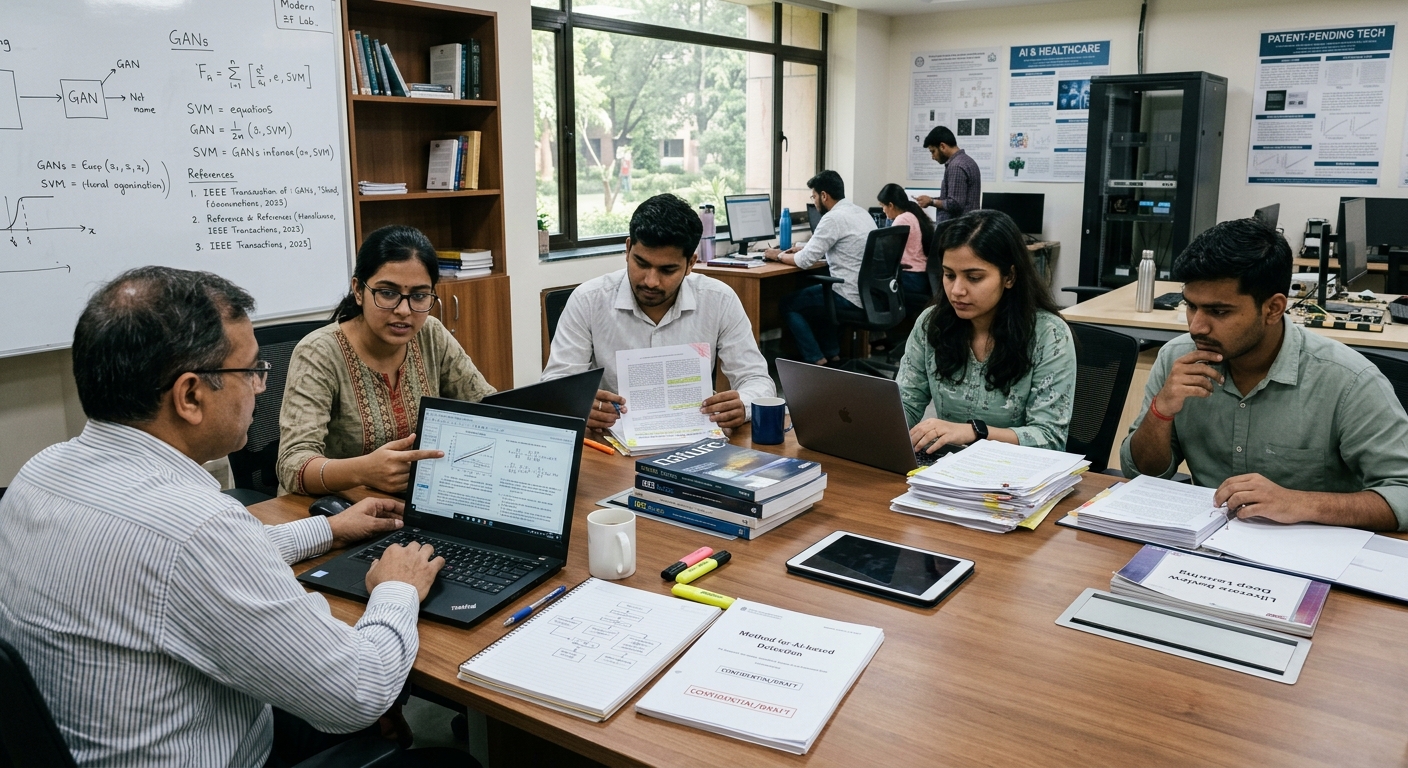 Researchers collaborating around data visualizations, papers, and a whiteboard with equations