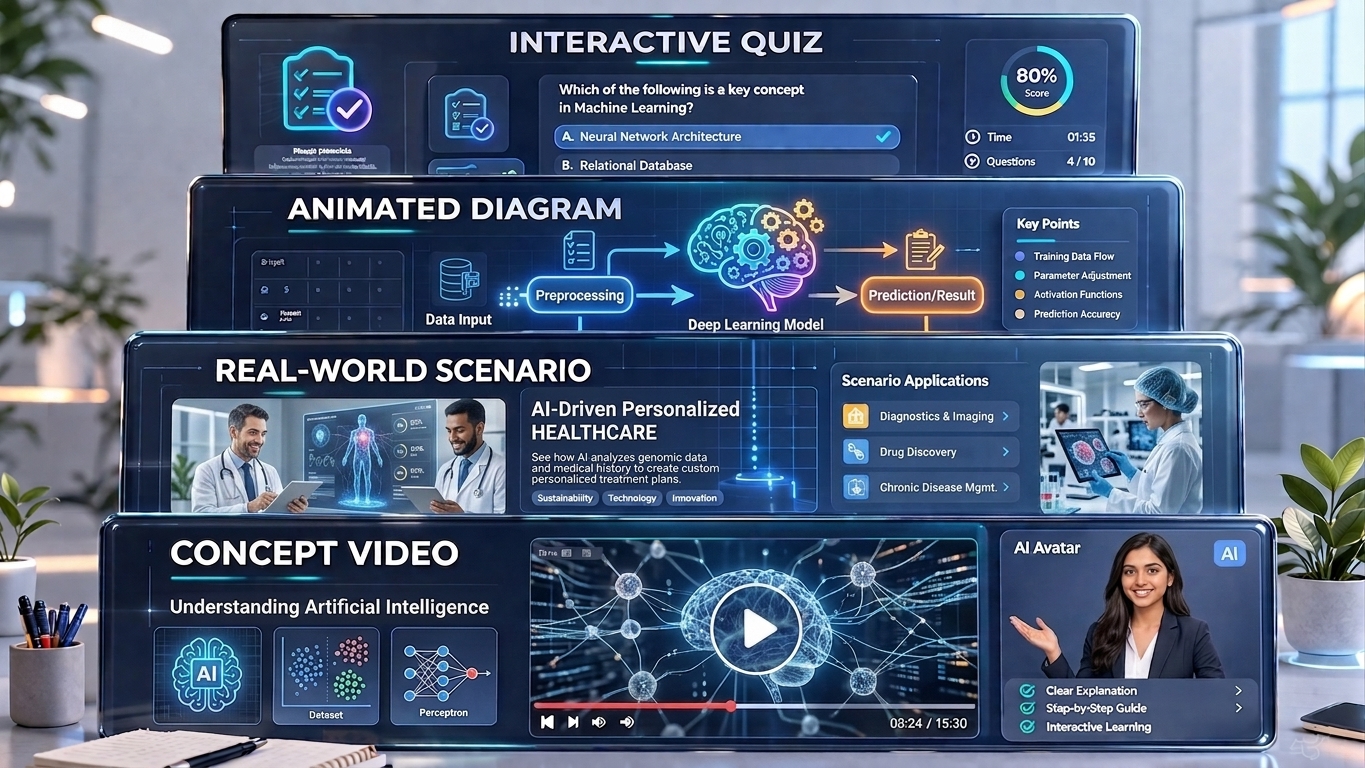 Illustration of course layers: concept video, real-world scenario, animated diagram, and interactive quiz.
